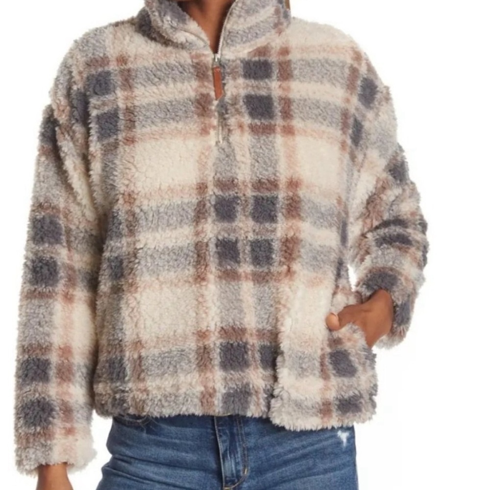 Thread & Supply Plaid Quarter Zip Teddy Pullover, Sherpa Size S